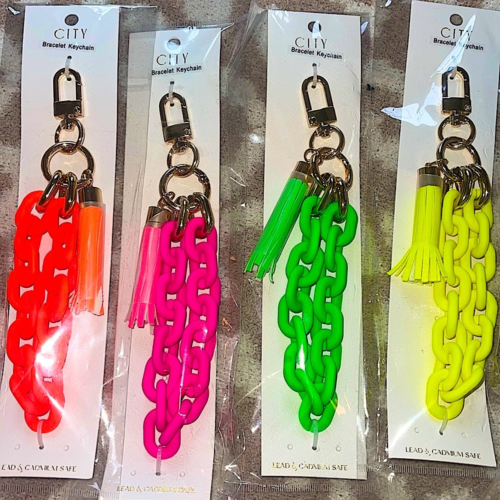 🆕💚NEON GREEN OVAL Rubber Coated Keychain Wristlet